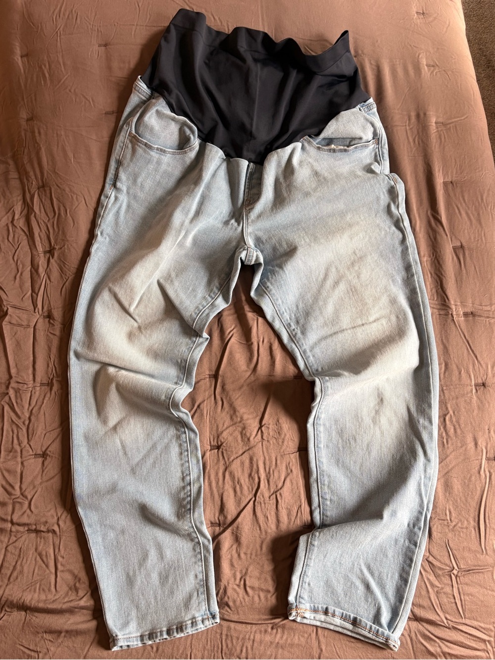 Light Wash Maternity Jeans with Blue Elastic Panel